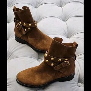 See By Chloé Brown Suede Bootie Gold Stud Buckle Womens Shoes Flat 35 5 NEW $465